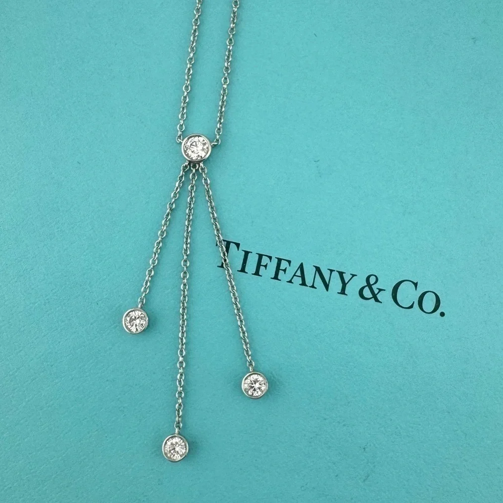 Tiffany & Co. Platinum Triple Diamond Drop Lavalier Necklace 16
